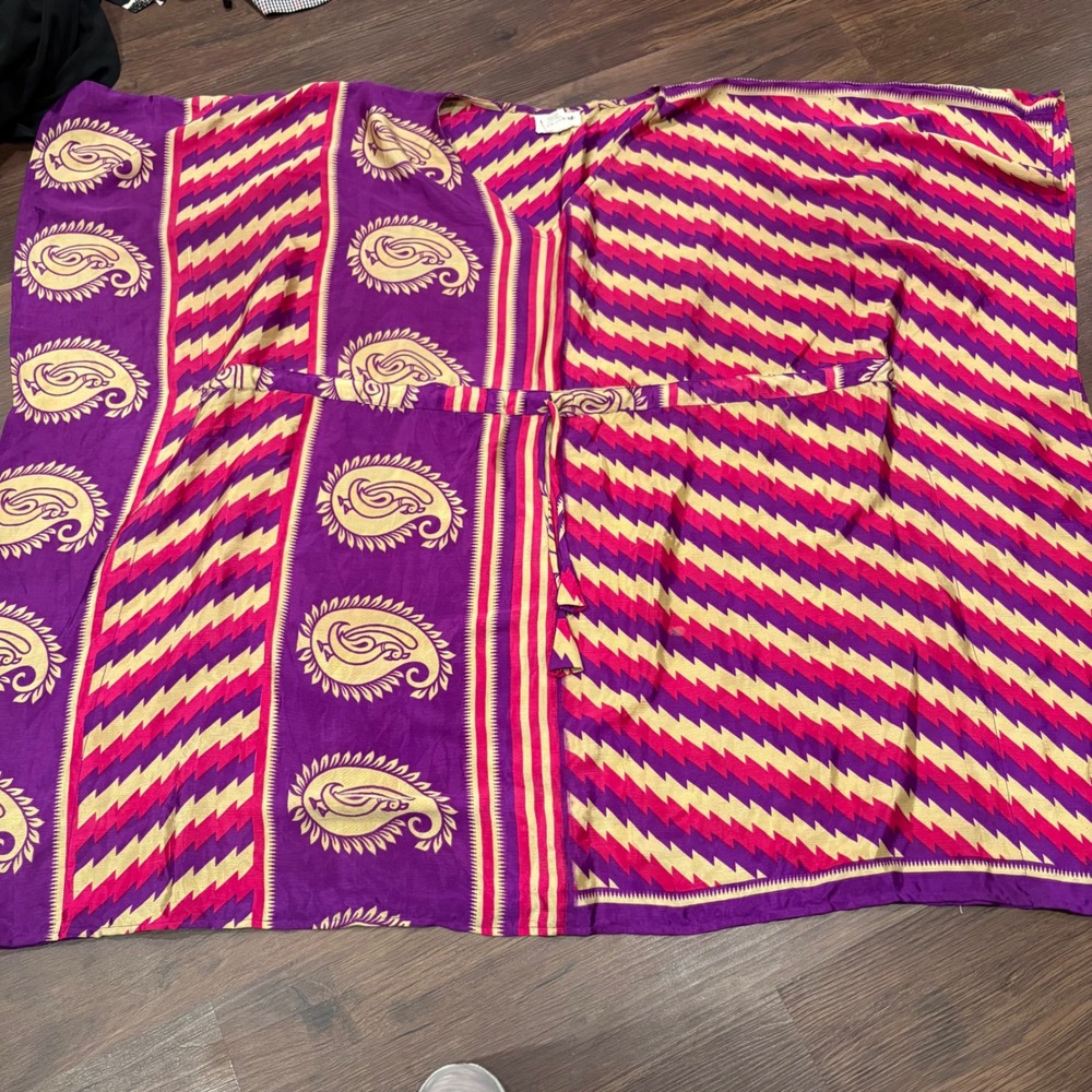 Darn Good Yarn Aanya Recycled Sari Silk Kaftan Dress Paisley Chevron Regular R